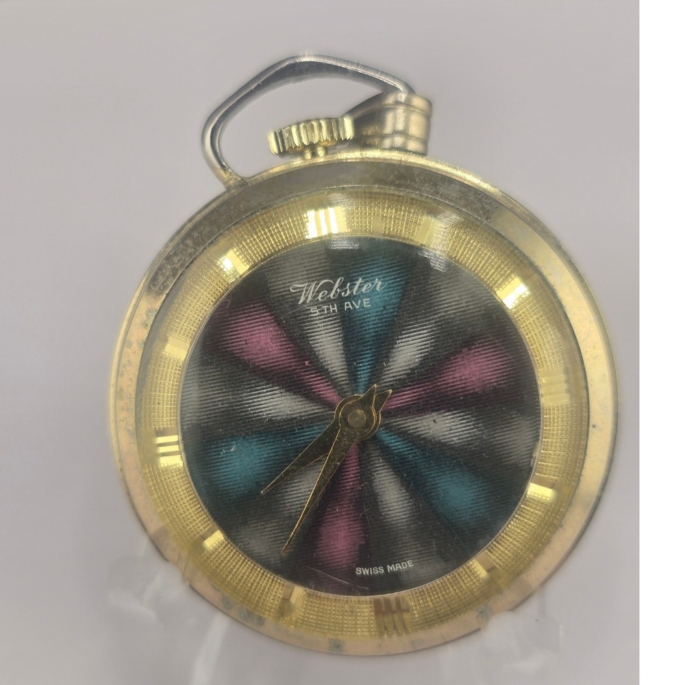 Vintage Webster Pendant Watch Gold Tone Pinwheel Dial Scroll Winds and Ticks